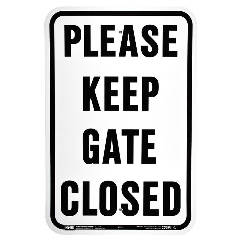 Hy-Ko Products 20523 - "Please Keep GATE Closed" Aluminum Sign 12 in x 18 in Black/White, 1 Each - Image 1